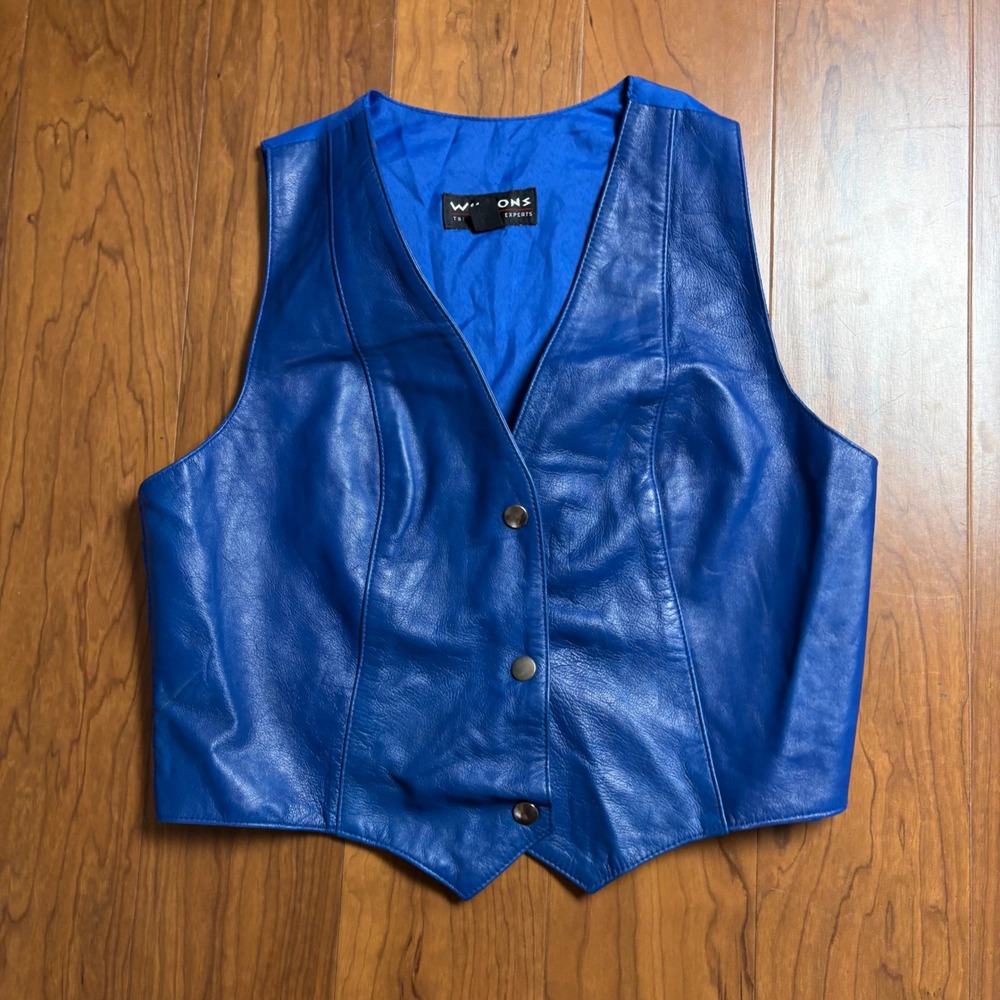 Wilsons The Leather Experts Vintage Blue Leather Vest Large V-Neck Snap Front